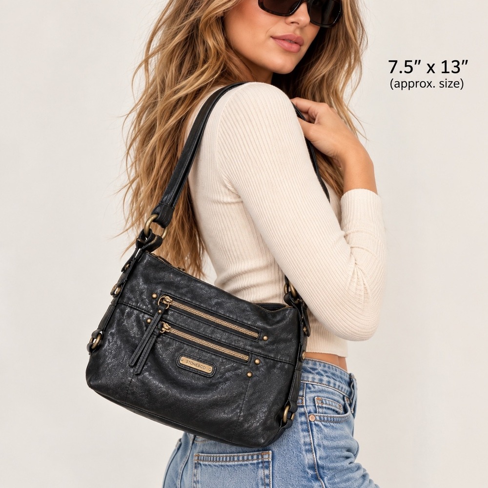 Stone & Co Black Slouchy Shoulder Bag Y2K Faux Leather Moto Zip Hobo Purse